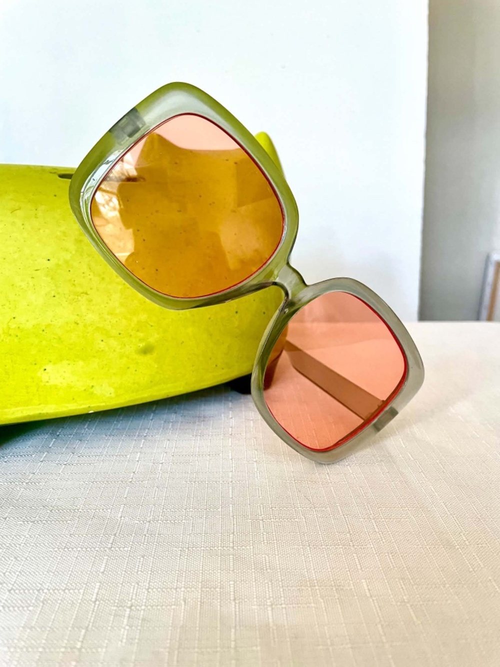 Boho 70s Retro Oversized Square Sunglasses Sage Green Pink Lens